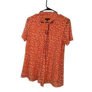 Cocomo Orange Floral‎ Tie Neck Blouse Semi-Sheer Short Sleeve SizeS (294)